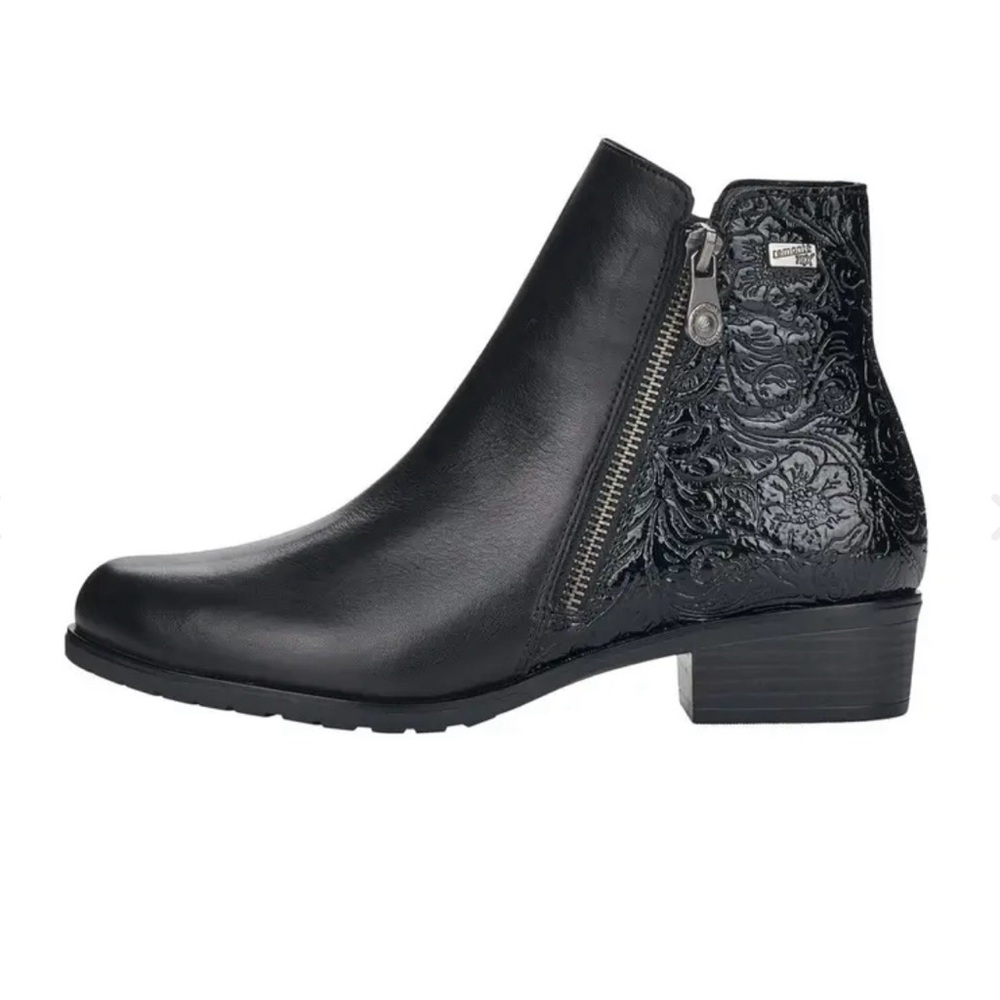Remonte Women's Black Leather Embossed Side-Zip Ankle Boot wool lining